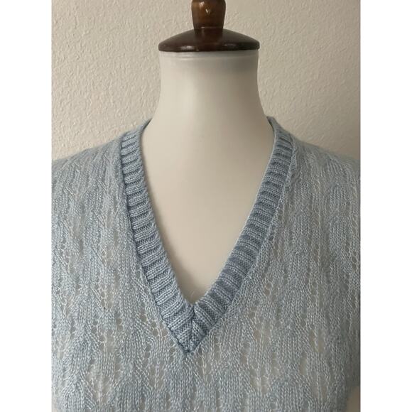 Sears Sweater Vest Pullover V Neck Pointelle Stretch Knit Blue Vintage - Picture 2 of 10